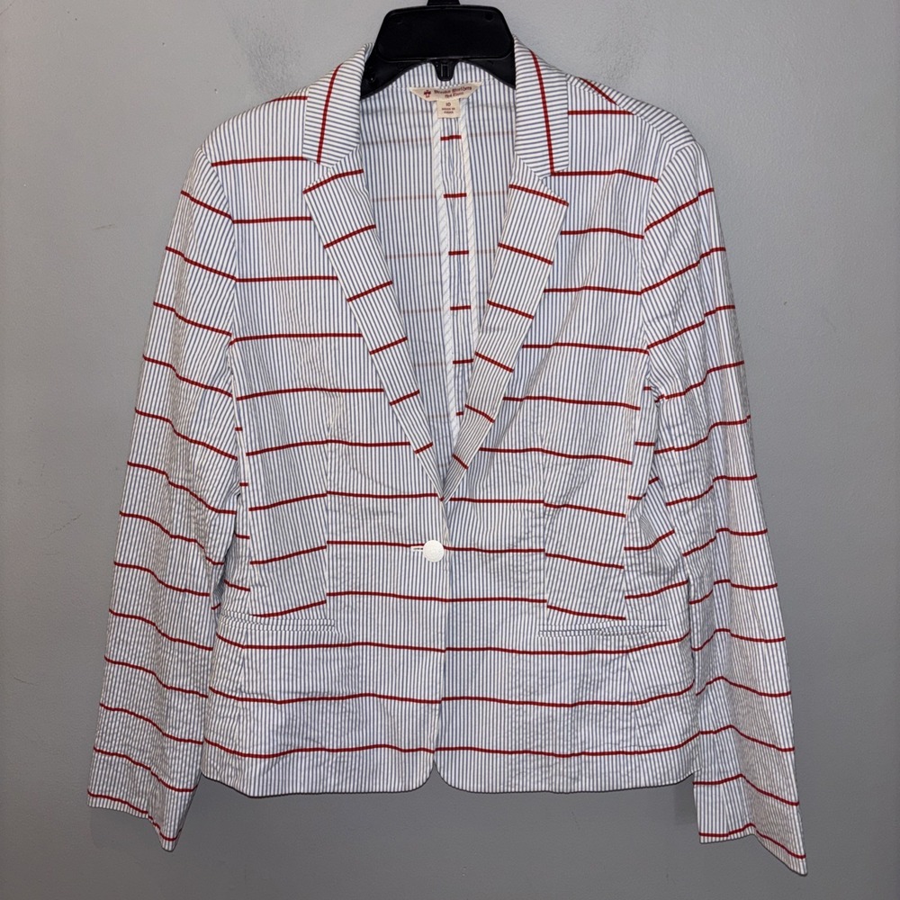 Brooks Brothers Red Fleece Fitted Blazer Seersucker Striped Nautical Preppy Sz10